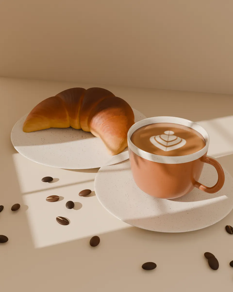 A flat white with tulip latte art in a terracotta cup, next to a croissant on a speckled plate, in low morning window light.
