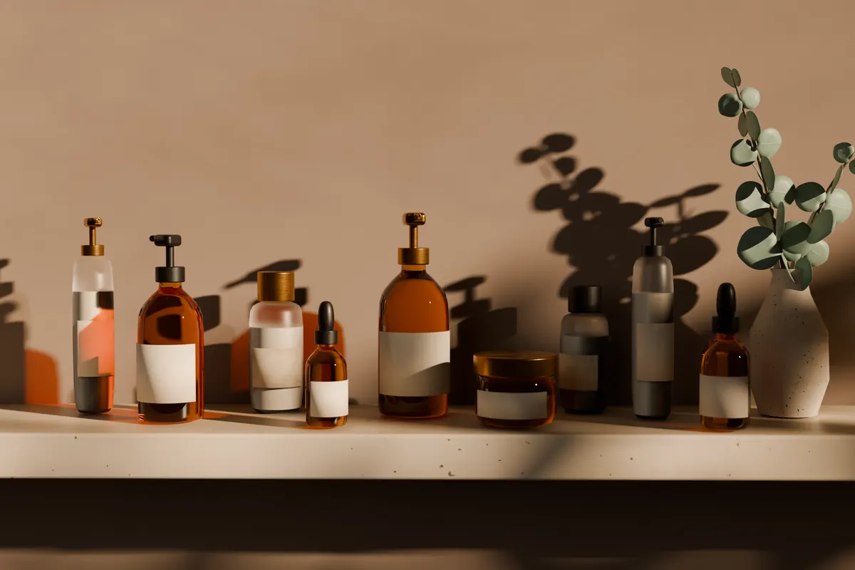 A shelf of amber and frosted glass bottles with blank labels